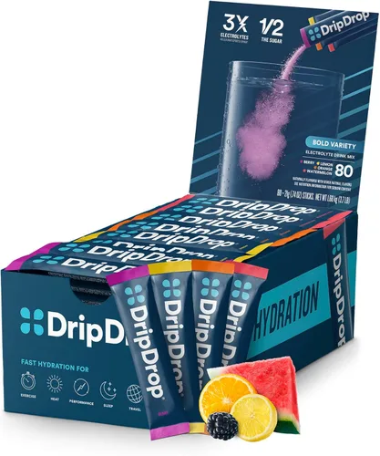 DripDrop Hidratación - Paquetes de electrolitos en polvo, sandía, baya, naranja, limón, 80 unidades