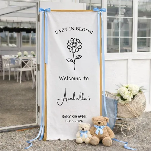 Miniatura 14 de Banner de bienvenida personalizado para baby shower, letrero de telón de fondo de tela con nombre personalizado Baby Shower #6