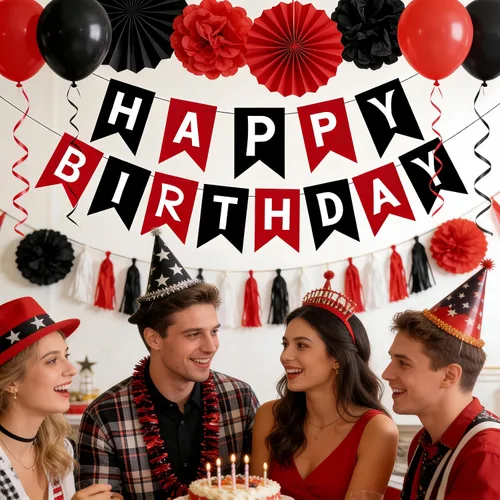 Miniatura 3 de Cartel de feliz cumpleaños negro y rojo – Guirnalda de letras de bricolaje, pancartas colgantes para pared y puerta, decoraciones de fiesta