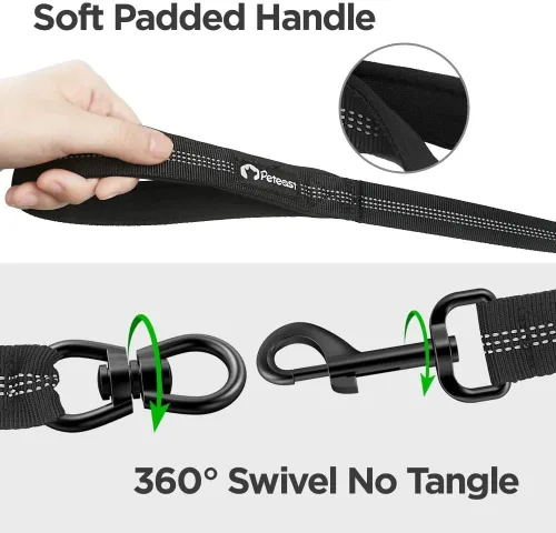 Miniatura 2 de YAODHAOD Correa doble para perro para dos perros, giratoria de 360° sin enredos con mango suave, amortiguador de golpes, reflectante, pesado, 2 Negro