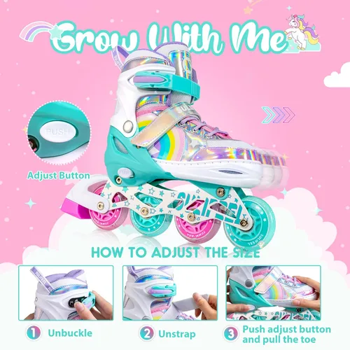 Miniatura 3 de SULIFEEL Patines en línea de unicornio arcoíris para niñas y niños, 4 tamaños, ajustables, con ruedas iluminadas, para niños principiantes Un arco