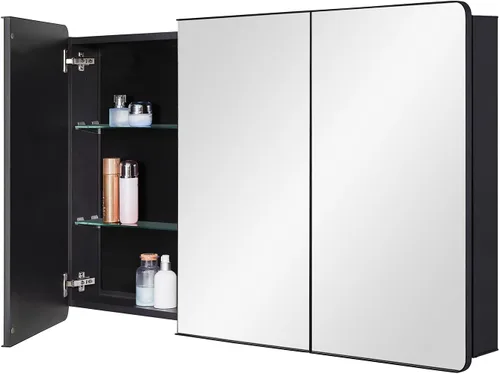 Miniatura 10 de IDYLLOR Gabinete de espejo de baño negro para medicinas con puerta con esquinas redondas y borde biselado, 15 x 25 pulgadas, montaje empotrado