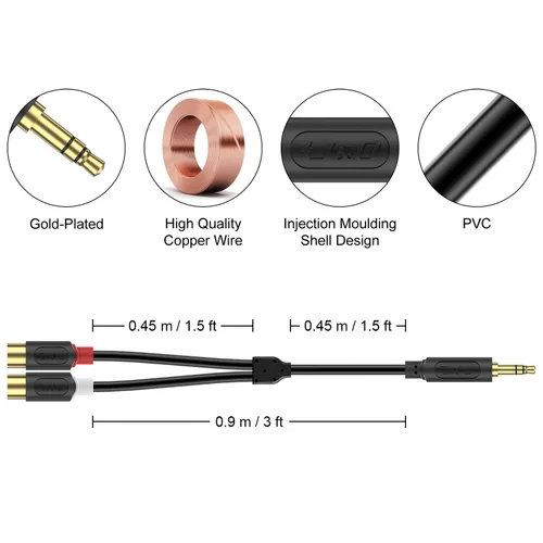 Miniatura 3 de J&D Cable auxiliar a RCA, serie Audiowave chapado en oro, 0.138 in macho a 2RCA hembra, adaptador de audio estéreo auxiliar para auriculares Jack