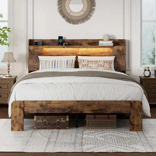 Base de cama tamaño matrimonial con cabecera de almacenamiento, base de cama de plataforma con estación de carga y luces LED, listones de madera