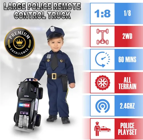 Miniatura 3 de Carox Coche de policía grande a control remoto con luces y sirenas para niños 1:8 coche policía con tres baterías recargables duradero RC camión