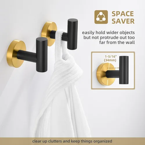Miniatura 4 de Gancho de Toalla Angle Simple 2 Piezas, Oro y Negro, Soporte de Acero Inoxidable para Baño y Bata, Cuchillo Redondo para Toalla de Mano, Montado