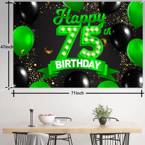 Miniatura 2 de Cartel de feliz cumpleaños 75 verde y negro, telón de fondo con texto en inglés "Cheers to 75 years old confeti", globos de confeti, decoración