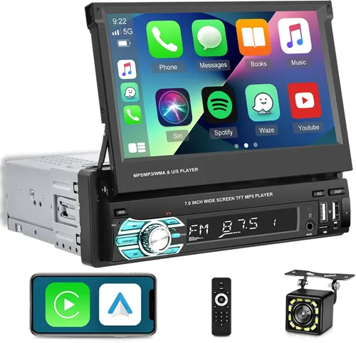 Estéreo de coche con pantalla abatible Single Din con Carplay inalámbrico y Android Auto, pantalla táctil de 7 pulgadas, 1 Din, compatible con