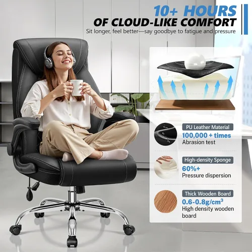 Miniatura 5 de Silla de oficina, silla de escritorio ergonómica grande y alta, silla ejecutiva de cuero para computadora con soporte lumbar ajustable, cómoda silla