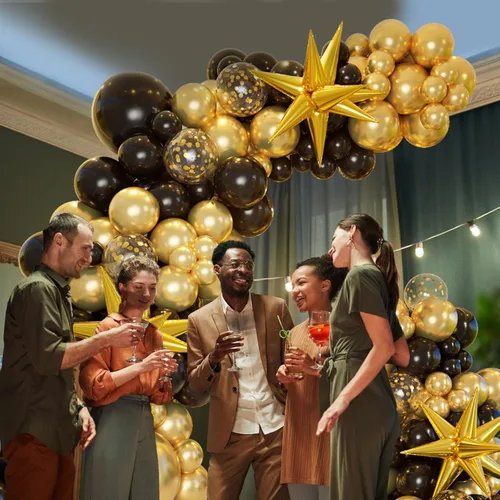Miniatura 5 de Kit de arco de guirnalda de globos negros y dorados con globos de estrella en explosión, globos de látex de confeti de oro negro de 5/10/12/18