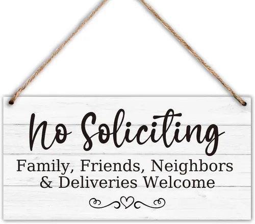 Letrero decorativo colgante de madera, No Soliciting, Welcome Friend Family Neighbor, placa de madera rústica para puerta delantera, decoración de