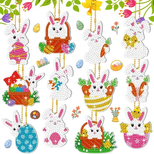 Ferraycle Kit de llavero de pintura de diamante de Pascua de 12 piezas 5D DIY huevo de Pascua conejo adornos de arte colgantes lindos adornos de
