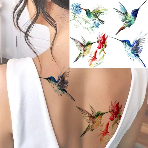 Miniatura 5 de 15 hojas de tatuajes temporales de colibrí de acuarela 3D de FANRUI para mujeres y niñas, pequeño, multicolor, colibrí, tatuaje, temporal, colorido