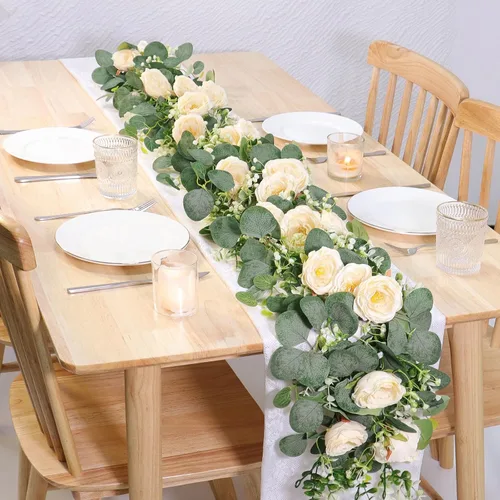 Miniatura 2 de TOCHGREEN Paquete de 2 Guirnaldas de Flores de Eucalipto Artificial de 12 Pies con Rosas Champán, Guirnalda de Flores de Rosa Falsa Verdor