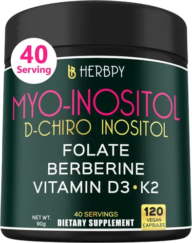 Herbpy Suplemento de mio-inositol y D-Chiro Inositol 6 en 1 premium 40:1 para mujeres con folato, berberina HCl 97%, vitamina D3 y K2 - Equilibrio