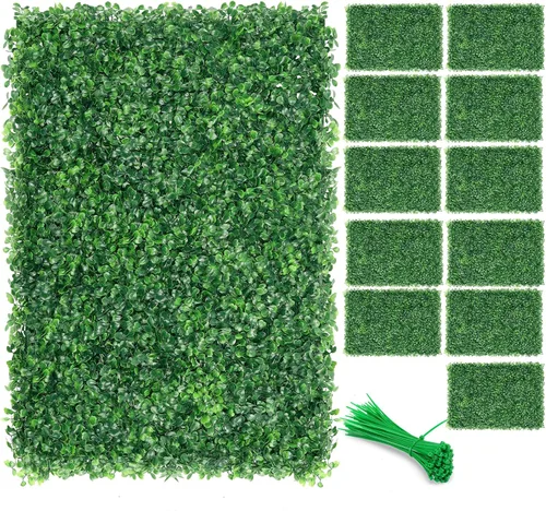 Miniatura 7 de Paneles de setos artificiales de boj de 10 x 10 pulgadas, 24 piezas de pantalla de privacidad de vegetación sintética, decoración de pared