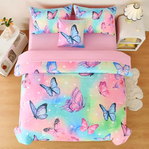 Miniatura 6 de Juego de edredón individual de 6 piezas para niñas, ropa de cama de mariposa rosa, juegos de edredón de mariposa con sábanas para niños