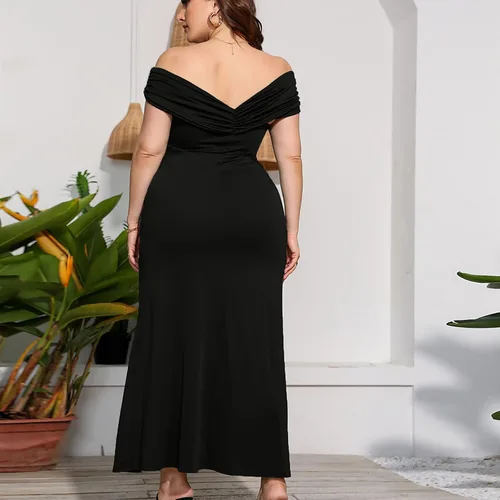 Miniatura 9 de Cocktail Dresses for Women Evening Party - Plus Size Off Shoulder Leg Split Dress Solid Elegant Maxi Long Dress Black