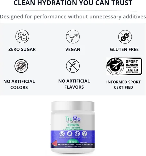 Miniatura 6 de TruMe - Polvo natural BCAA con electrolitos - Suplemento vegano después del entrenamiento - Sandía agria - Polvo de electrolitos potente sin azúcar