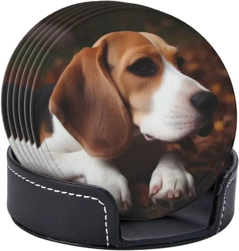 Miniatura 2 de Juego de 6 posavasos redondos de Beagle con soporte para bebidas, protector de mesa, almohadilla para el hogar y la cocina, juego de posavasos