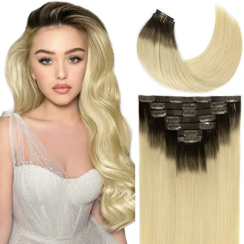 Miniatura 44 de Loxxy Extensiones de cabello humano con clip, sin costuras, 22 pulgadas, color marrón oscuro a castaño oscuro y marrón oscuro, 7 piezas