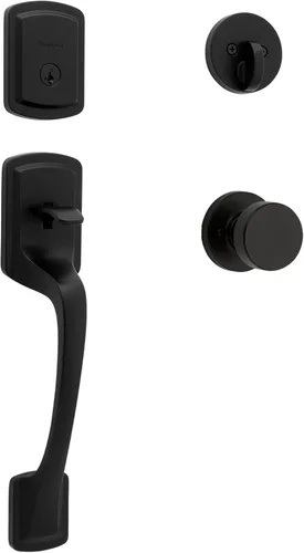 Juego de Manija de Puerta Delantera y Cerrojo de Seguridad Kwikset Praga, Juego de Manija de Entrada Exterior con Perilla Interior de Puerta, Negro