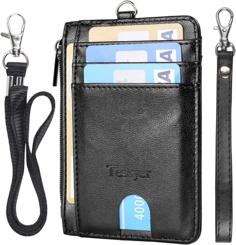 Teskyer Billetera delgada, cartera para tarjetas de crédito con bolsillo con cremallera y cordón para el cuello, bolsillo frontal minimalista con