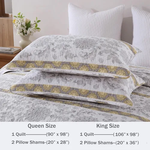 Miniatura 5 de Homzard - Juego de edredón de algodón tamaño King, a rayas, color gris, amarillo y blanco, ropa de cama ligera con dos fundas de almohada 05-2