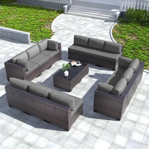 Miniatura 65 de Kullavik Juego de 13 muebles de patio al aire libre con mesa de fogata de gas propano de 43 pulgadas, 55000 BTU, mimbre de polietileno, sofá Arena