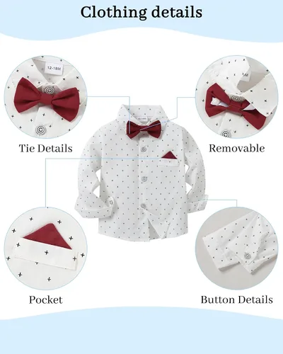 Miniatura 5 de DISAUR Ropa para bebé niño, camisa de vestir con corbatín y pantalones de tirantes, conjuntos de traje de caballero para boda de 1 a 6 años