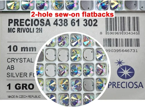 Miniatura 3 de Crystal AB, Preciosa Czech MC Rivoli - Piedras para coser, con 2 agujeros, estilo #438-61-302, plateado laminado, tamaño 0.394 in, 24 piezas