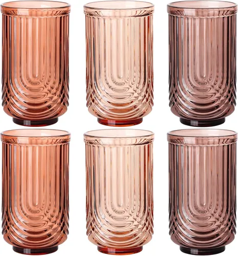 Miniatura 14 de Juego de vasos de bebida verdes vintage, vasos de cóctel transparentes estilo arco de 6 unidades, vasos de vidrio acanalados de 15 onzas, hechos a