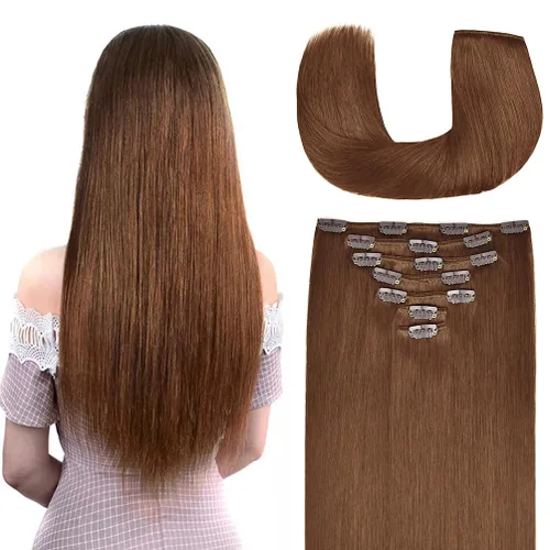 Miniatura 32 de Extensiones de cabello humano Remy de 12 pulgadas con clip para mujer, extensiones de cabello humano sedoso y liso, 1.76 onzas, 4 piezas