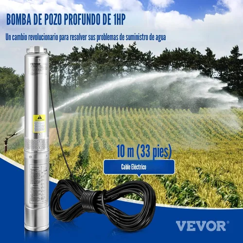 Miniatura 2 de VEVOR - Bomba sumergible de acero inox. de 4 pulg para pozo profundo, 1HP 230V/60Hz, flujo de 37 GPM, cabezal de 207 pies, cable eléctrico de 33