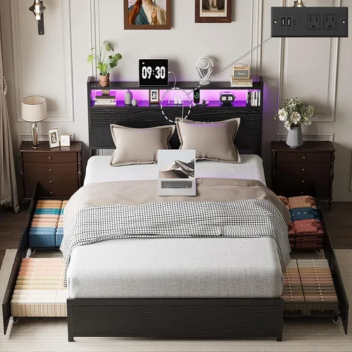 Miniatura 14 de VINGLI Base de cama LED Queen con 4 cajones de almacenamiento y estante de cabecera ajustable, plataforma de metal con estación de carga para niños