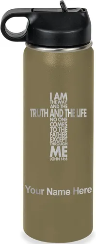 Miniatura 10 de LaserGram Botella de agua de doble pared abatible de 12 onzas con pajilla, versículo bíblico John 14-6, grabado personalizado incluido