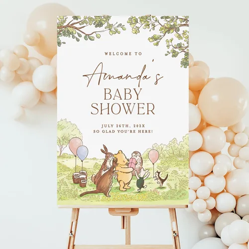 Miniatura 3 de Letrero personalizado para baby shower de oso Pooh, diseño clásico de vegetación personalizada, letrero de bienvenida para patio de baby shower