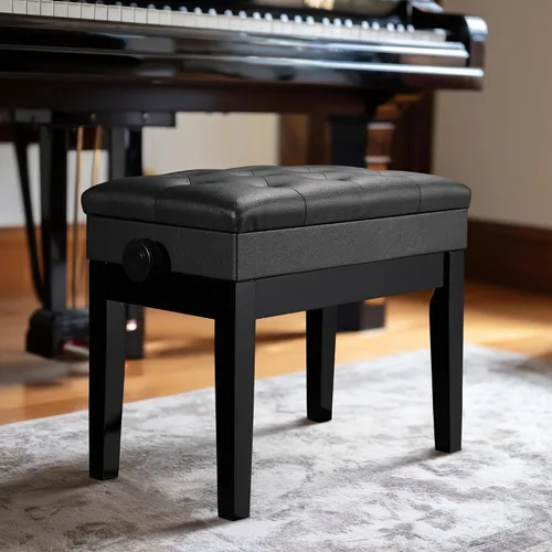 Miniatura 2 de AW Banco de piano ajustable con almacenamiento, taburete de teclado de madera negra, asiento de cuero, silla Paino para piano, tienda de música