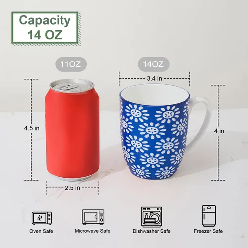 Miniatura 3 de AntoKueh Tazas de café de porcelana de 14 onzas, tazas de cerámica, paquete de 6 con asa para café, coca, capuchino, lavavajillas, aptas