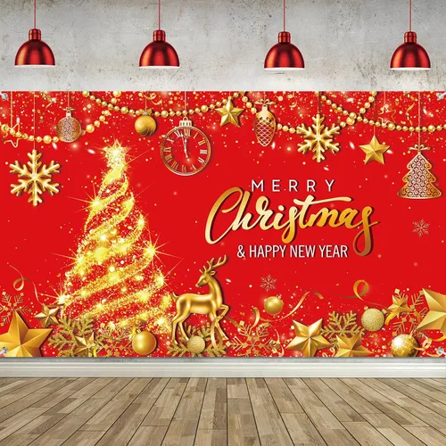 Miniatura 9 de Tiamon Telón de Fondo Banner de Fiesta Feliz Navidad para Decoración de Fiesta de Navidad y Año Nuevo (Azul Dorado, 72.8 x 43.3 Pulgadas)