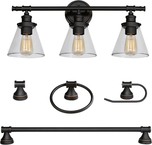 Miniatura 15 de GLOBE Electric 63000062 - Juego de baño todo en uno de 5 piezas, negro mate y latón, luz de tocador de 3 luces, vidrio sembrado, toallero, soporte