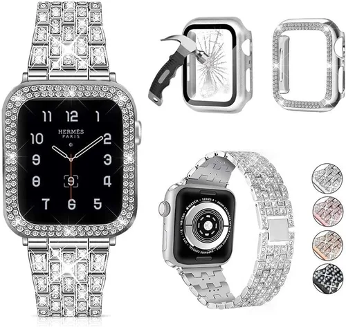 Miniatura 21 de compatible con Apple Watch de 1.496 pulgadas 1.575 pulgadas 1.654 pulgadas 1.732 pulgadas con funda para mujer, correa de metal con diamante