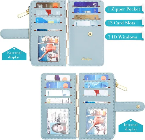 Miniatura 2 de Badiya Tarjetero de crédito para mujer, con bloqueo RFID, delgada, plegable, con bolsillo con cremallera y 3 ventanas para identificación