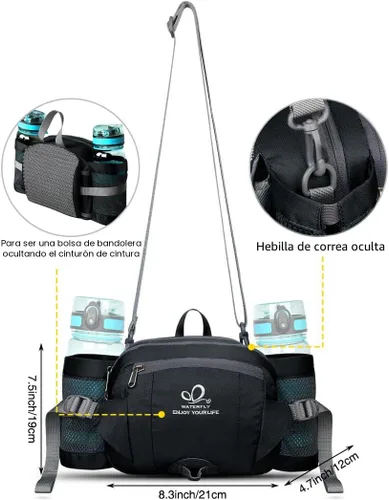 Miniatura 3 de Waterfly - Riñonera Fanny Pack: Bolso Fanny con 2 soportes para botellas de agua, cinturón lumbar, para senderismo, caminatas, correr, trotar