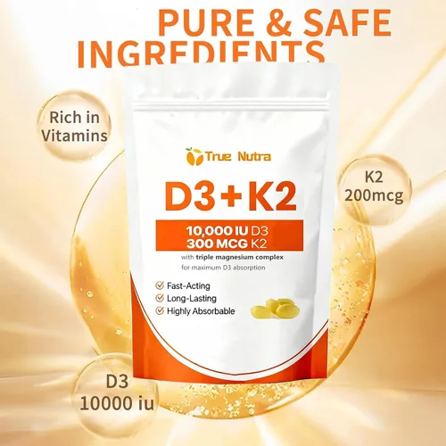 Miniatura 3 de D3 K2, vitamina D3 K2 Suplemento de magnesio de 10,000 UI, sin OMG, sin gluten, apoya el sistema inmunológico y la energía, 300 cápsulas blandas