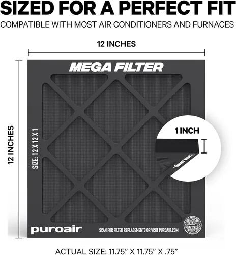 Miniatura 2 de PuroAir Filtro Mega - Filtro de aire de 12x12x1 MERV 13 para el hogar con carbón activado - Filtros alérgenos, caspa de mascotas, humo, polvo