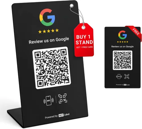 HotLabel Google Review Stand 1-Pack – Bonus Google Review Tap Card 1 Pack – Negro – NFC Tap & QR Code – Compatible con 2 tiendas diferentes o