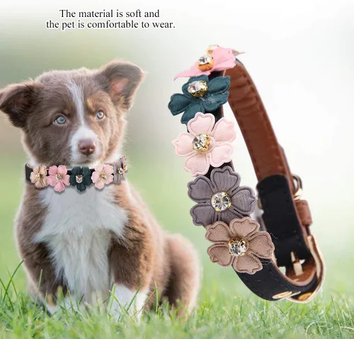 Miniatura 2 de Elegante collar de perro de piel sintética con corbatín de flores, collar de gato y perro para perros medianos a grandes para uso diario, bonito
