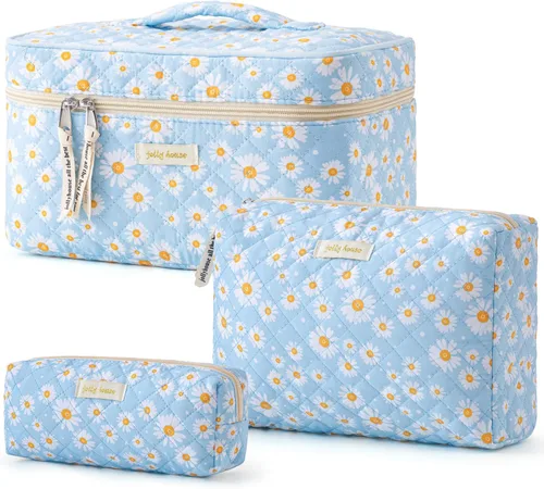 Miniatura 31 de HBselect Bolsa de maquillaje acolchada, 3 piezas de algodón grande, bolsa de maquillaje de viaje, bonita bolsa de maquillaje floral de coqueta