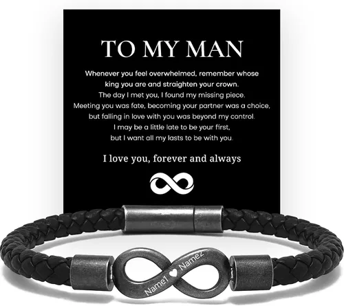 Para mi hombre, pulsera de cuero personalizada de nombre dual infinito, pulsera trenzada de acero inoxidable personalizada con nombre para hombres,